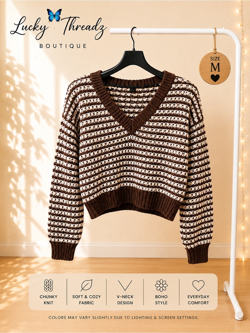 Hippie Rose Cropped Sweater Medium M Brown Cream Striped V Neck Chunky Knit Boho - Picture 1 of 7